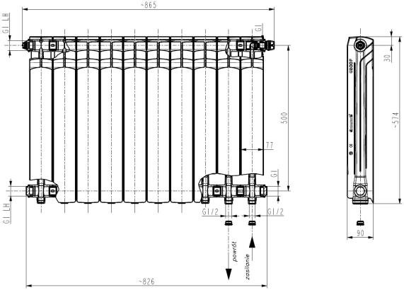 Grzejnik aluminiowy grafitowy z podłączeniem dolnym G500F 1550 W 11 członów