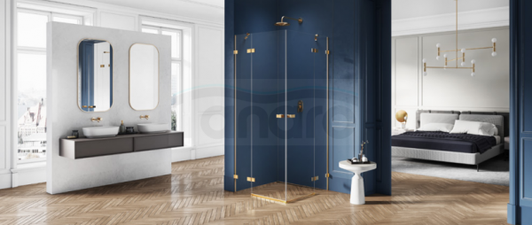 NEW TRENDY - Kabina prysznicowa kwartowa podwójne drzwi uchylne AVEXA GOLD EXK-1786 Złote Profile 100x100x200 LINIA PLATINIUM