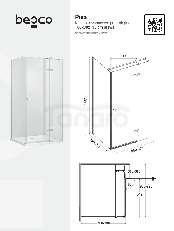 BESCO Kabina prysznicowa Pixa Gun Metal 100x80x195 Prawa PPP108-195GR