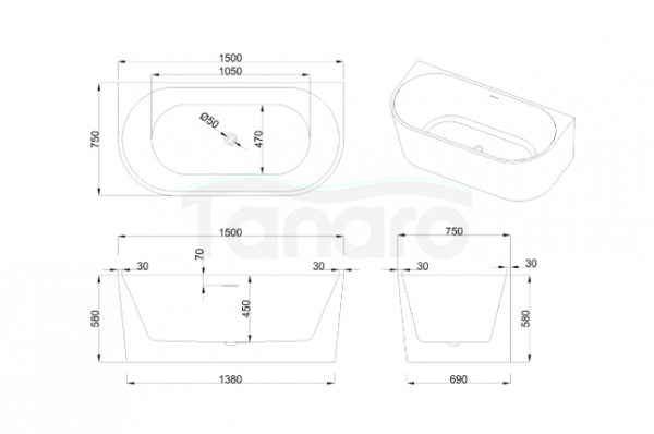 INVENA WANNA WOLNOSTOJĄCA PRZYŚCIENNA 150 CM ASTRI Z SYFONEM AN-03-15U-F