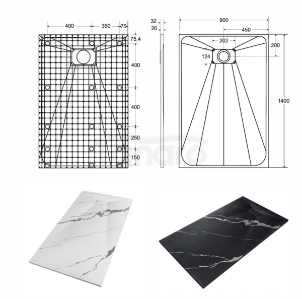 BESCO Brodzik prostokątny 140x90 Vexo Marble Black 140 VMB-140-90-P