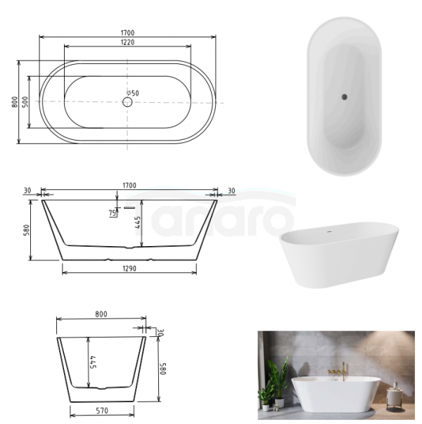 BESCO Wanna wolnostojąca Deeva 170x80 + maskownica odpływu gun metal #WWA-170-DGM