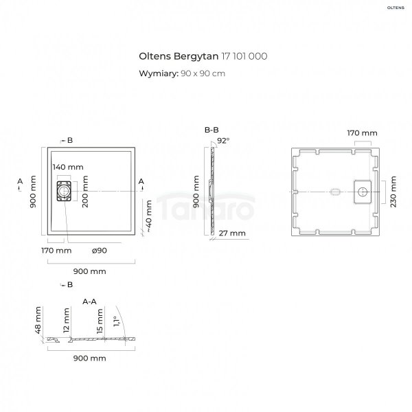 Oltens Bergytan brodzik kwadratowy 90x90 cm RockSurface biały 17101000