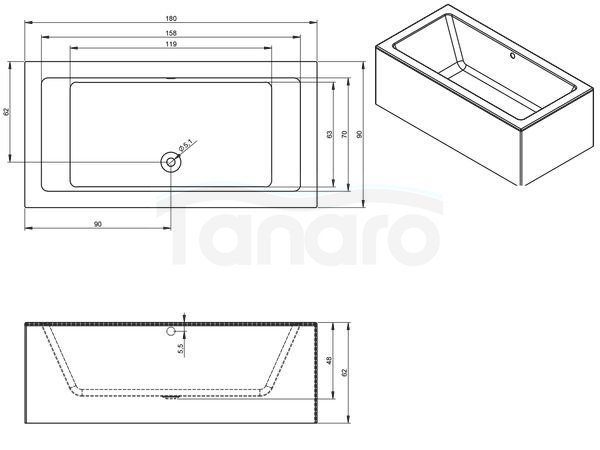 RIHO - Wanna akrylowa wolnostojąca prostokątna narożna LUGO 180x90x62 Plug &amp; Play PRAWA  B134014005