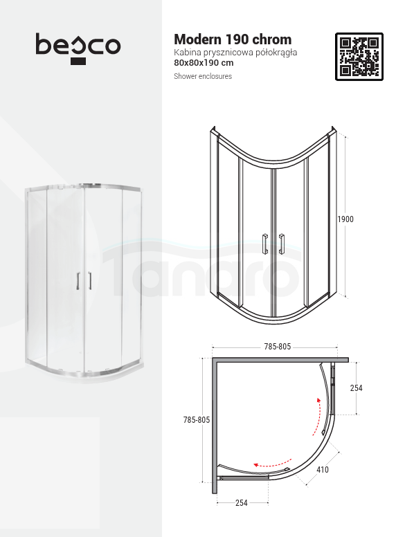 BESCO Kabina prysznicowa półokrągła Modern Chrom 90 x 190 szkło grafitowe MP-90-190-G