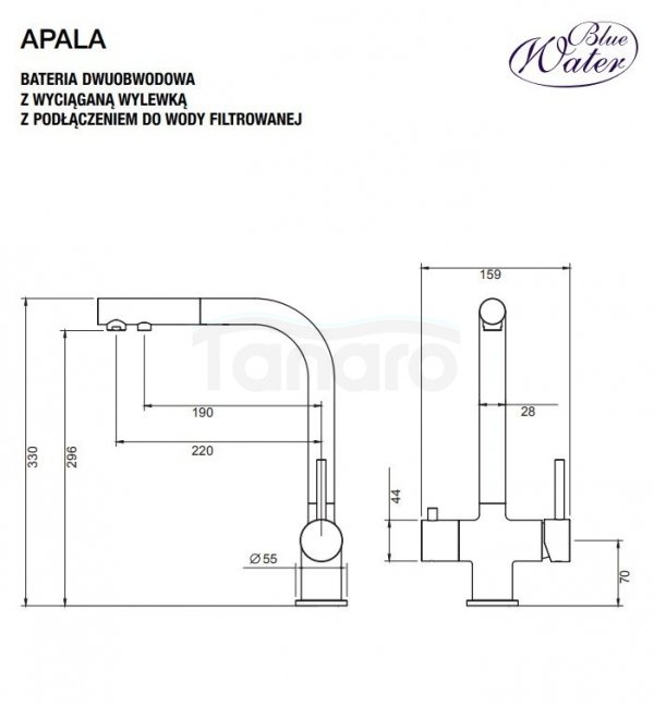 BLUE WATER BATERIA KUCHENNA Z PODŁĄCZENIEM DO WODY FILTROWANEJ Z WYCIĄGANĄ WYLEWKĄ APALA CHROM