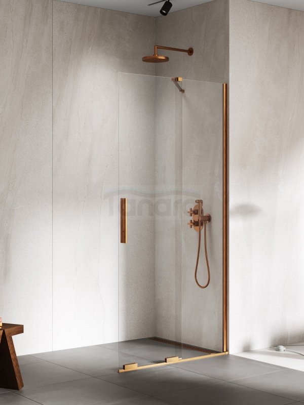 NEW TRENDY Kabina prysznicowa SMART COPPER BRUSHED 1D walk-in U 100x200 szkło czyste 8mm Active Shield 2.0 - WSPORNIK SKOŚNY EXK-7769-WU