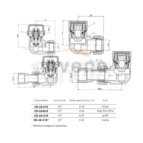 INVENA - Komplet termostatyczny osiowy CHROM   CD-25-015