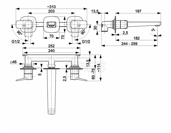ARMATURA KRAKÓW KFA bateria umywalkowa podtynkowa 3-otworowa MALAGA GUN METAL  4529-821-61