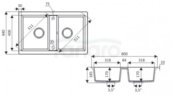 AQUAFORM - zlewozmywak granitowy MARANELLO 440 X 800 X 185 - 2 komory, BEŻOWY + syfon oszczędzający miejsce z korkiem automatycznym + bateria stojąca z wylewką U  AQ.901-2002504
