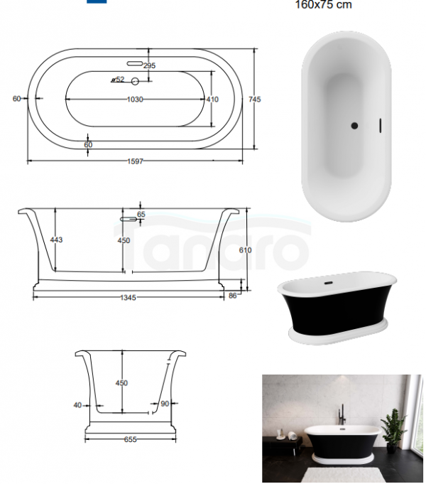 BESCO Wanna wolnostojąca Ziva Matt B&amp;W 160x75 + klik-klak z przelewem szczelinowym gun metal #WMA160ZBSGR