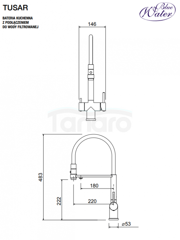 BLUE WATER Bateria kuchenna z podłączeniem do wody filtrowanej z wyciąganą wylewką TUSAR mosiądz antyczny