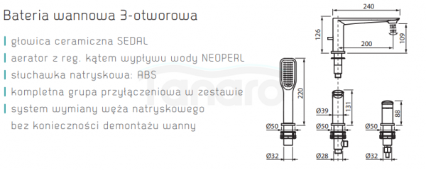 VEDO Bateria wannowa 3-otworowa ALETTA NERO / Nr KAT: VBA5030/CZ