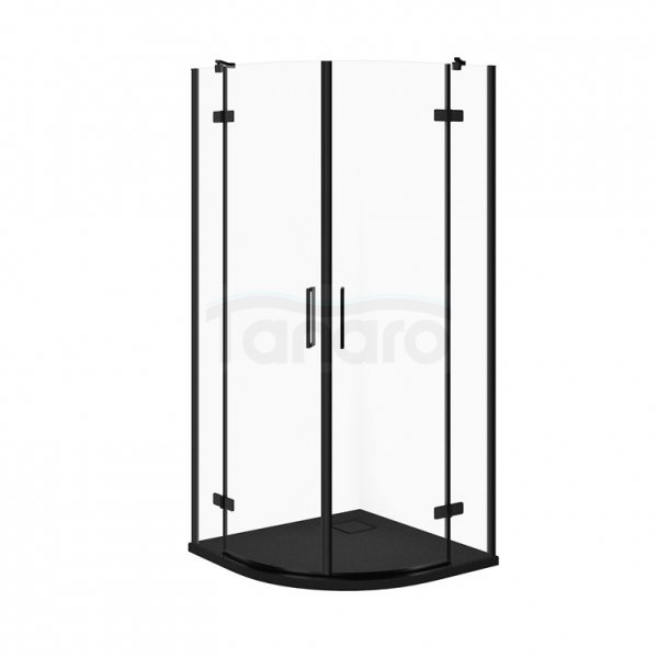 CERSANIT - SET C631 - Kabina półokrągła CITY by Cersanit 90x90X195 czarna szkło transparentne + brodzik TAKO Slim czarny mat  S4004-094