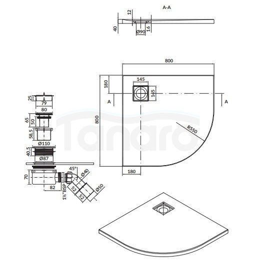CERSANIT - brodzik półokrągły TAKO Slim 80x4 biały mat + syfon  S932-155
