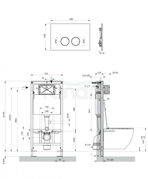 OMNIRES STRONGFRAME stelaż podtynkowy do miski toaletowej + MINIMAL przycisk spłukujący FLUSH SET biały połysk STFWC1M-RBP