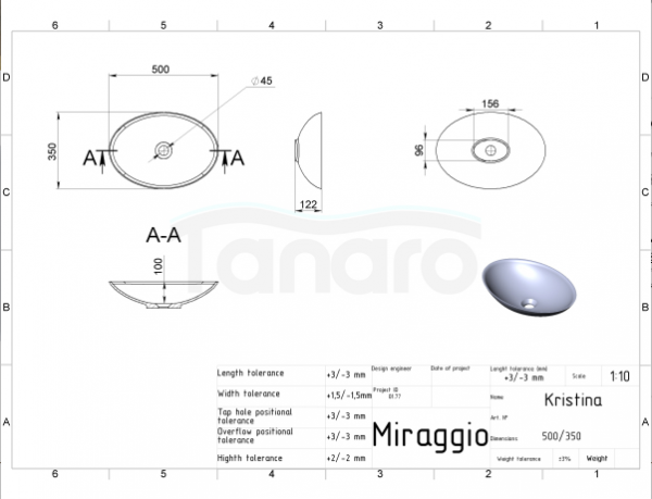 MIRAGGIO Umywalka nablatowa KRISTINA biała matowa 35x50 0001019