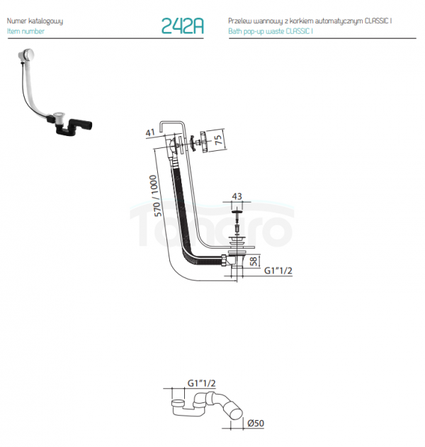 VEDO Przelew syfon wannowy z korkiem automatycznym I CLASSIC 242A/60/BI - biały mat