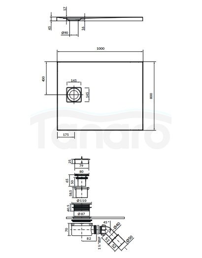 CERSANIT - Set C258 : brodzik prostokątny TAKO Slim 100x80x4,5 szary mat + syfon  S208-009