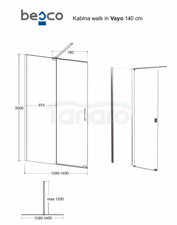 BESCO Kabina ścianka ruchoma Vayo Black 140x200 VYB-140-200C