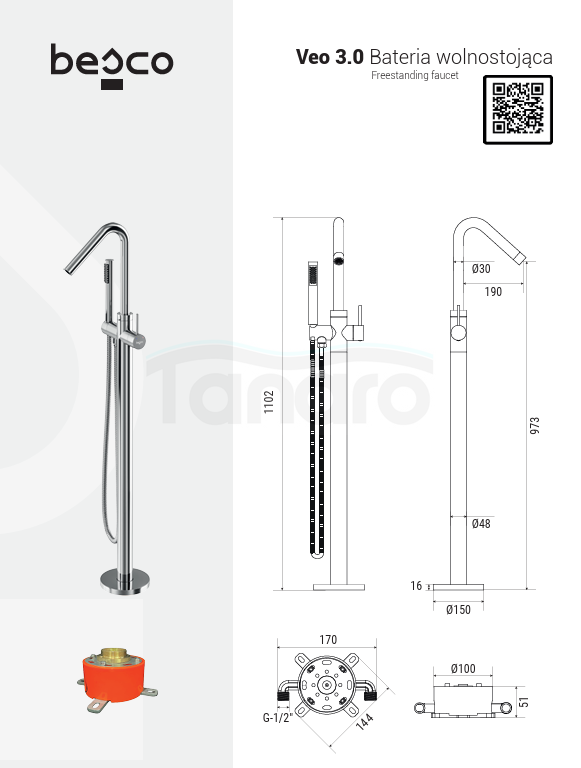 BESCO Bateria wolnostojąca Veo 3.0 jasne złoto BW-V3-JZ