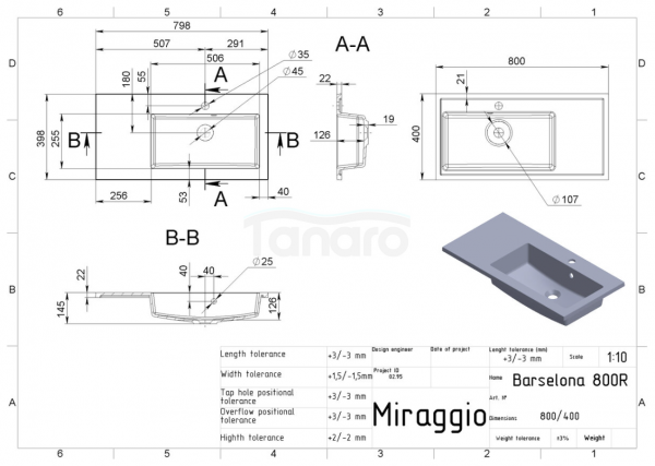 MIRAGGIO Umywalka BARCELONA 800R 0000487