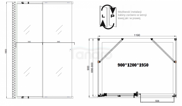 REIHE ETRA 120X90X90 KABINA PRYSZNICOWA PRZYŚCIENNA CZARNA