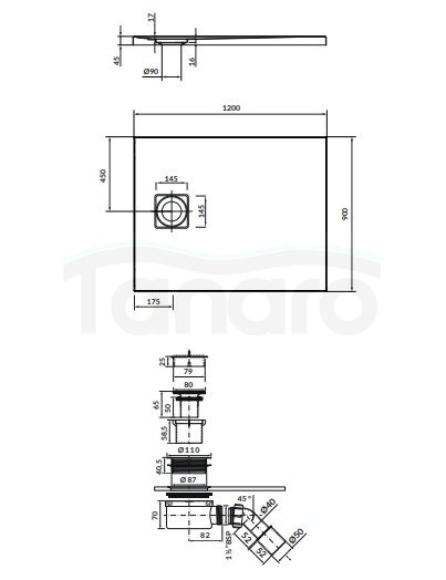 CERSANIT - Set C252 : brodzik prostokątny TAKO Slim 120x90x4,5 biały + syfon  S208-003