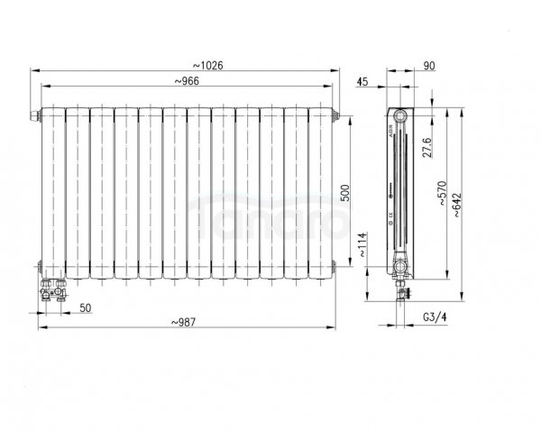 ARMATURA KRAKÓW KFA Grzejnik aluminiowy ADR500/D/12 z dolnym lewym zasilaniem prostym 763-124-44