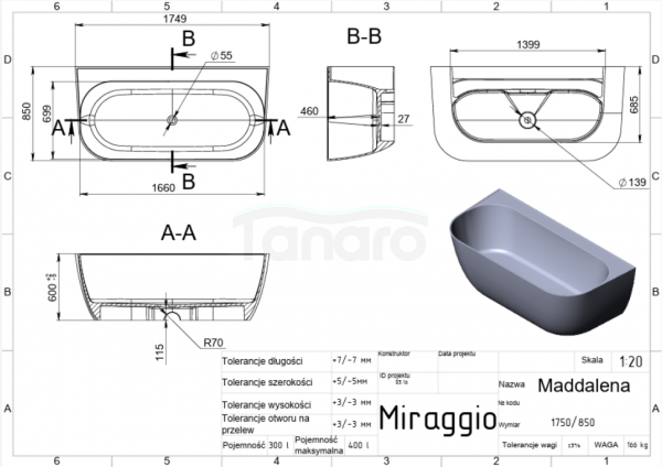 MIRAGGIO Wanna wolnostojąca przyścienna MADDALENA 175x85 0001162