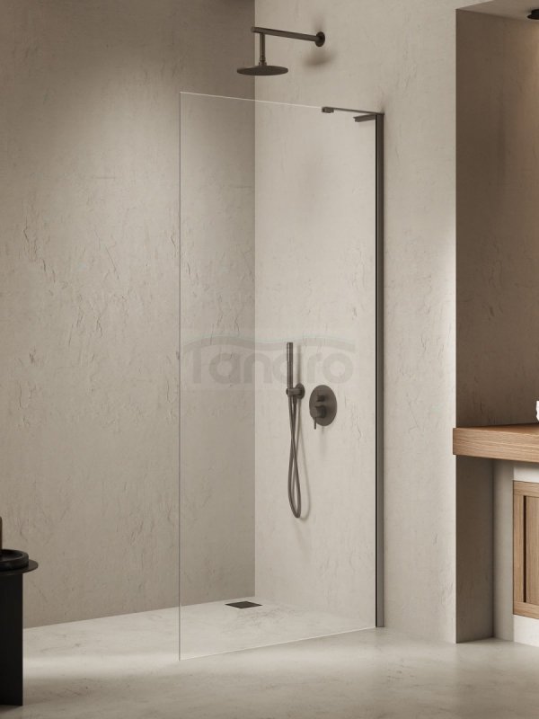 NEW TRENDY Kabina prysznicowa NESTA GUNMETAL BRUSHED WALK-IN U 80x200 szkło czyste 8mm Active Shield 2.0 - WSPORNIK KĄTOWY K-1755-WL