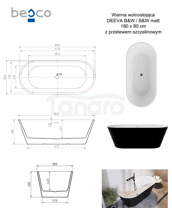 BESCO Wanna wolnostojąca Deeva Matt B&amp;W 180x80 + maskownica odpływu złota #WWA-180DMBG