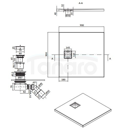 CERSANIT - brodzik kwadratowy TAKO Slim 90 x 4 czarny mat + syfon  S932-166