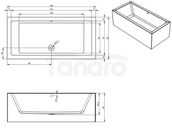 RIHO - Wanna akrylowa wolnostojąca prostokątna narożna LUGO 190x90x62 Plug &amp; Play PRAWA  B136014005