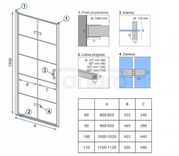REA Drzwi wnękowe prysznicowe składane MOLIER BLACK 100cm + listwa magnetyczna 