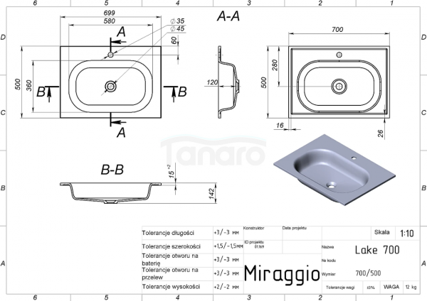 MIRAGGIO Umywalka LAKE 700 MAT  8815043