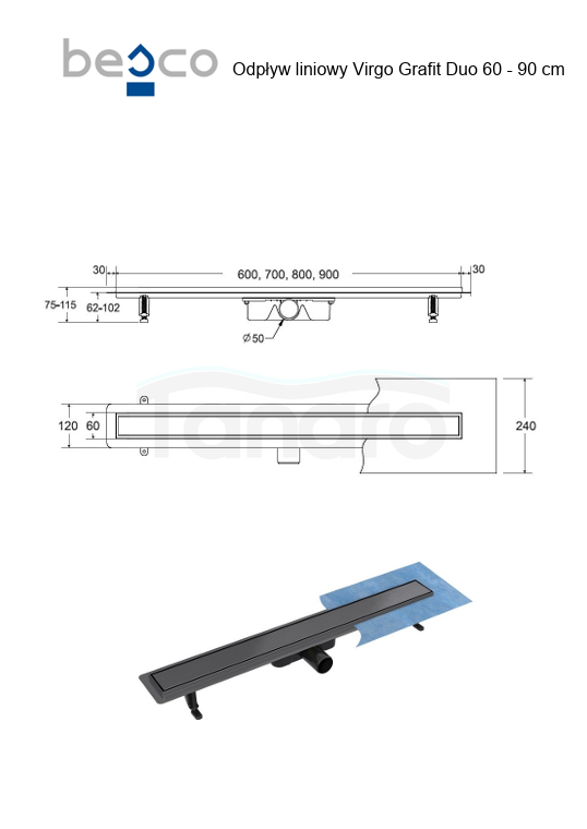 BESCO Odpływ liniowy Virgo Grafit Duo 80cm OL-80-VGR