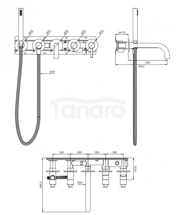 OMNIRES Bateria wannowa 5-otworowa podtynkowa Y czarny Y1237/1BL