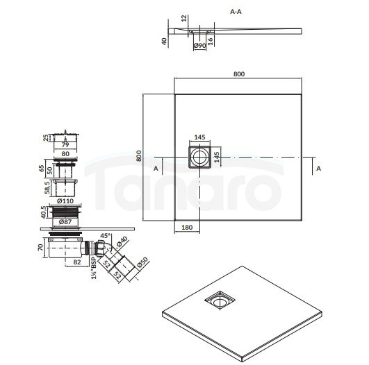 CERSANIT - brodzik kwadratowy TAKO Slim 80 x 4 czarny mat + syfon  S932-161
