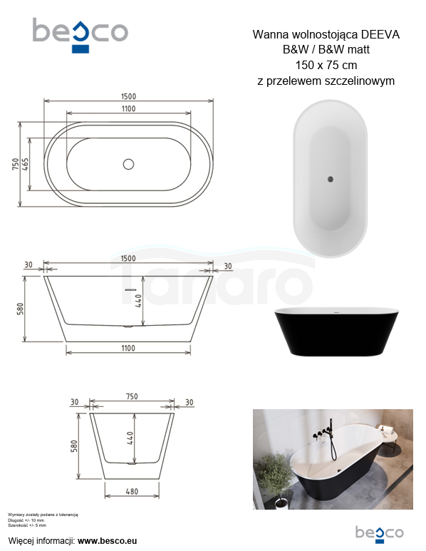 BESCO Wanna wolnostojąca Deeva B&amp;W 150 + maskownica odpływu złota #WWA-150-DBG