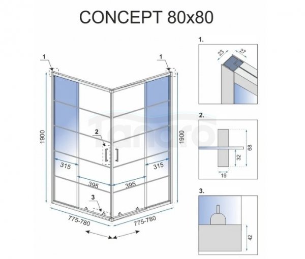 REA - Kabina prysznicowa kwadratowa CONCEPT Black 80x80 czarna krata drzwi przesuwne