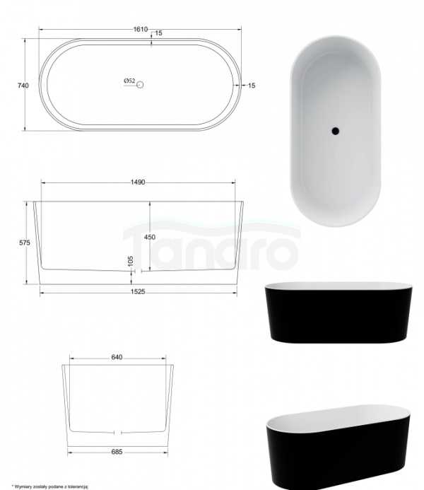 BESCO Wanna wolnostojąca Lova B&amp;W 160x74 + klik-klak chrom czyszczony od góry #WWM-160LBKC