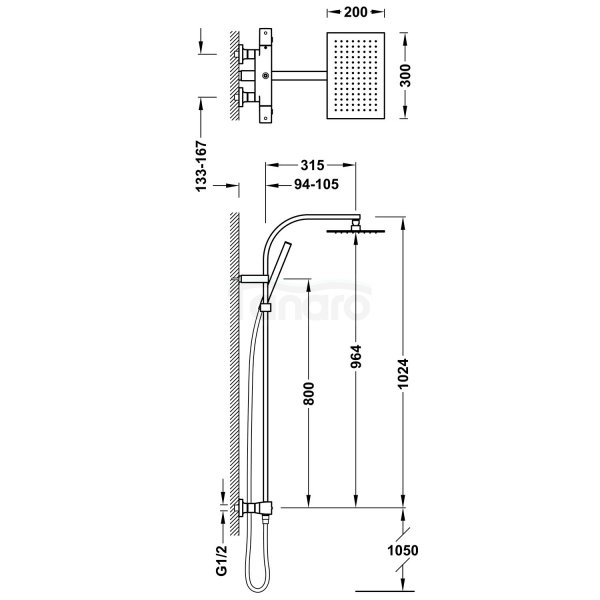 TRES OVER-WALL Zestaw baterii termostatycznej naściennej 2-drożnej prysznicowej Over-wall- biały mat 19039306BM