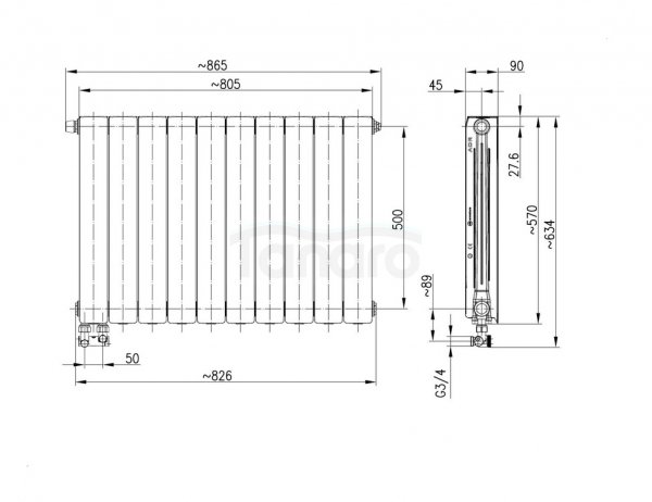 ARMATURA KRAKÓW KFA Grzejnik aluminiowy ADR500/D/10 z dolnym lewym zasilaniem kątowym  763-103-44