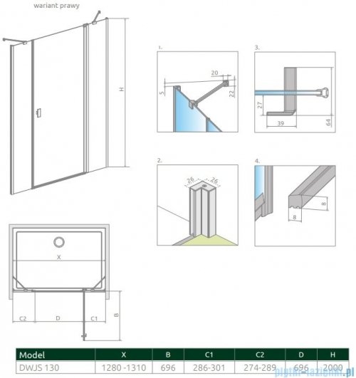 Radaway Nes Dwjs Brushed Gold drzwi wnękowe 130cm prawe szczotkowane złoto 10038130-99-01R