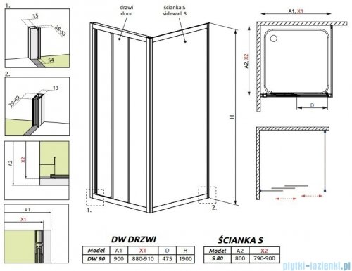 Radaway Treviso DW+S kabina 90x80 szkło przejrzyste + brodzik Argos D + syfon 32303-01-01N/32413-01-01N/4AD89-01