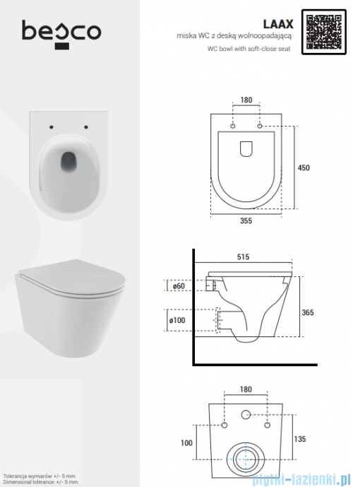 Besco Laax Matt Black miska WC wisząca + deska wolnoopadająca Laax Black czarny matt #ZLA-C-DLC