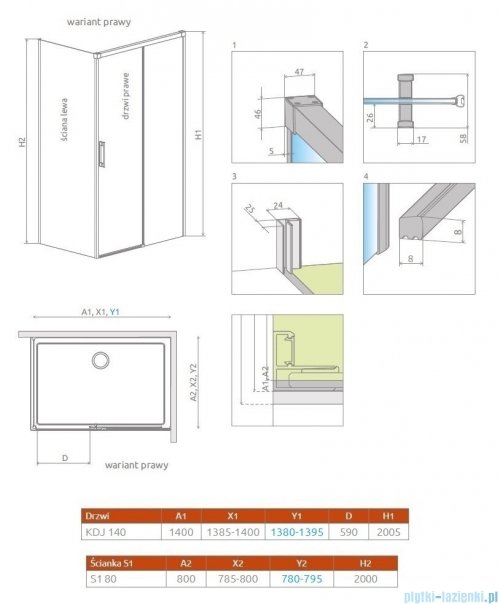 Radaway Idea Gold Kdj kabina 140x80cm prawa złoty połysk/szkło przejrzyste 387044-09-01R/387051-09-01L