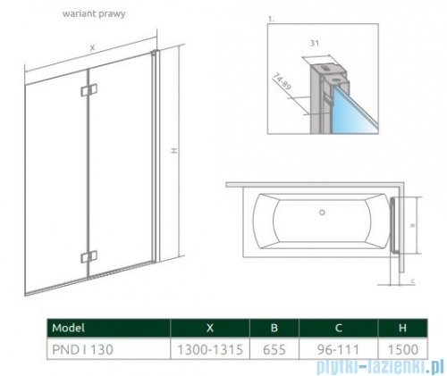 Radaway Nes 8 Pnd I parawan nawannowy 130cm prawy przejrzyste 10060130-01-01R