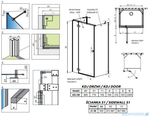 Radaway Essenza Gold Kdj+S kabina 90x80x90cm lewa złoty połysk szkło przejrzyste 1384050-01-01/1385021-09-01L/1384050-01-01